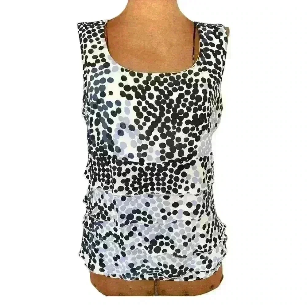 St John Sz 4 Silk Ruffle Dot Top White Black Dot Pattern Feminine Pretty Elegant - Picture 2 of 16